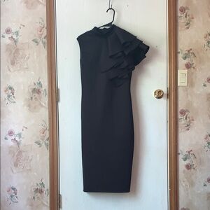 Black Asymmetrical Sheath Dress with Flutter Cap Sleeves